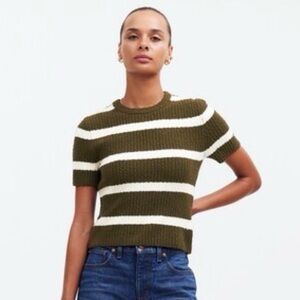 NWT Boucle Knit Crewneck Sweater Tee in Olive Stripe Size XXS Stretchy $78 NS649